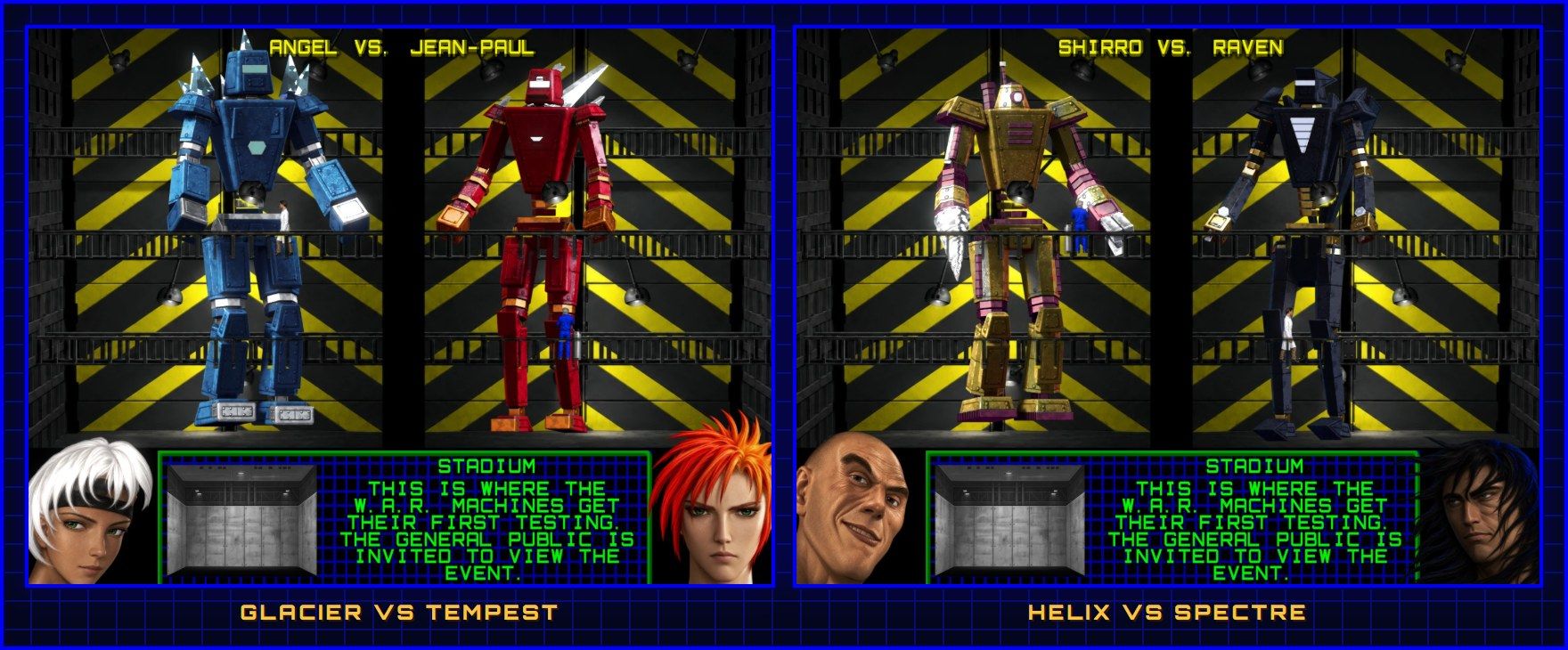 The new robots on the VS screen: GLACIER against TEMPEST, HELIX against SPECTRE
