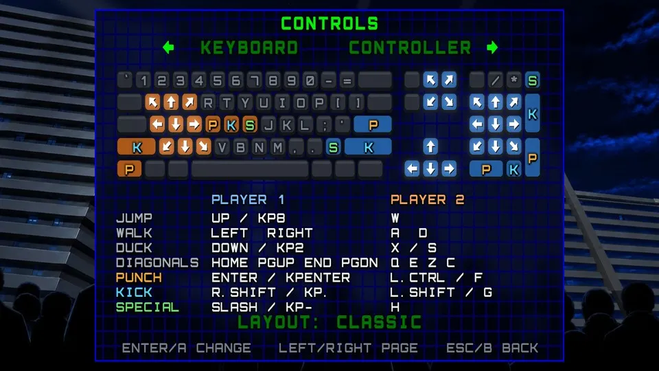 The controls screen: every action on the keyboard for both players