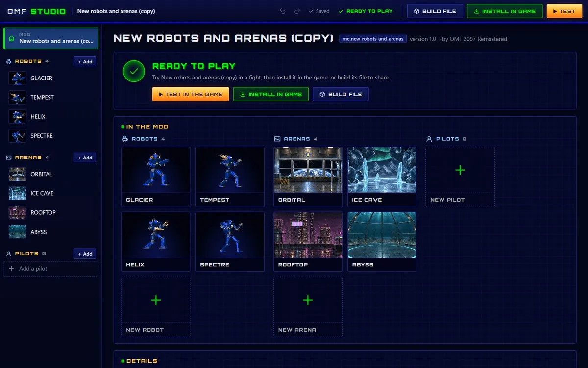 OMF Studio with the new robots and arenas mod open: its four robots and four arenas